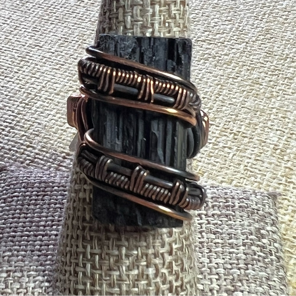 New Rough Black Tourmaline Crystal Stone Wire Wrapped Ring Size 7.5 - 7.75